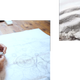 (left) image of a Takumi artisan examining a Grand Seiko watch and looking at sketches. (Right) Picture of a Grand Seiko watch with metal hardware and a white dial